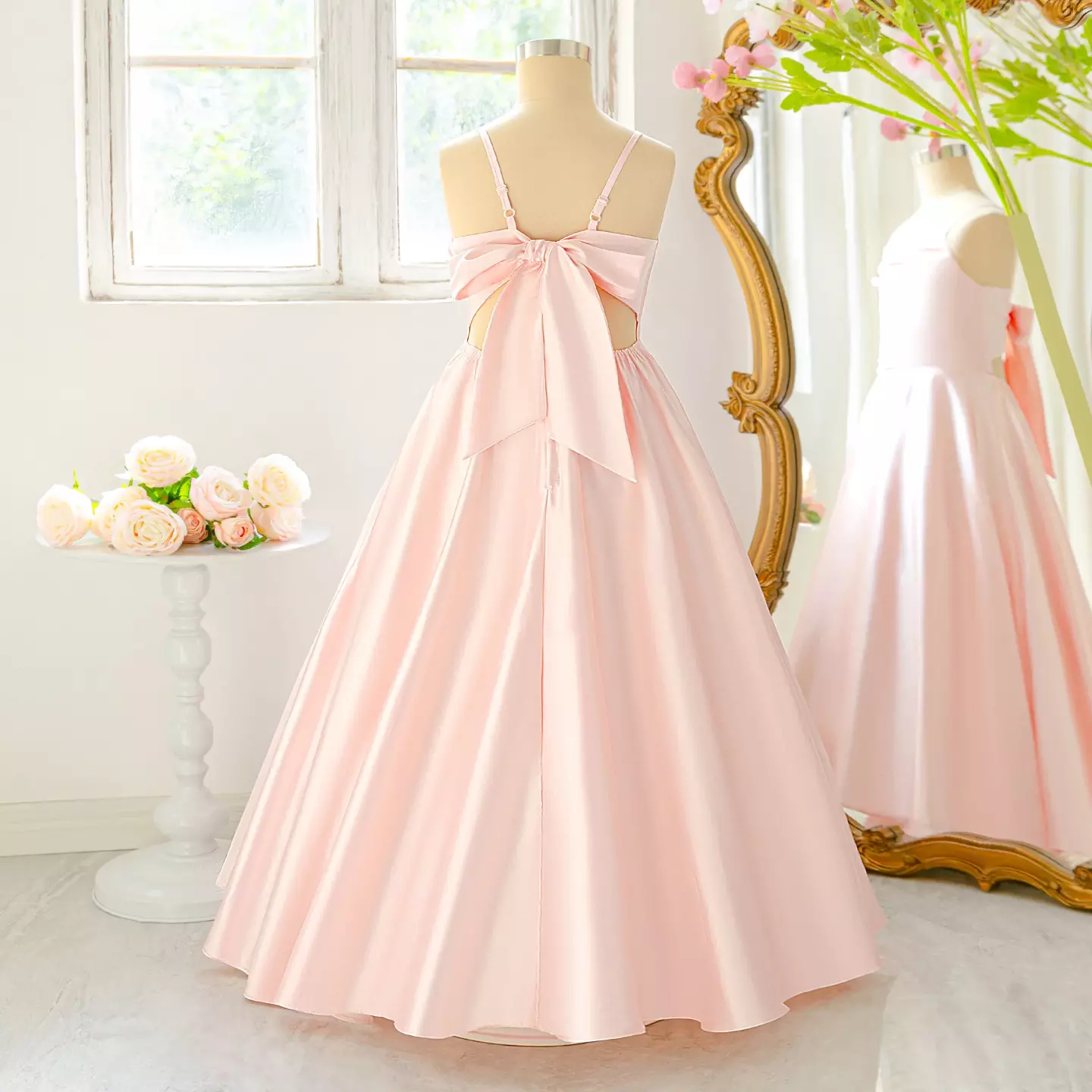 Evelyn II Blush Pink Satin Tea Length Junior Bridesmaid Dress with Open Bow Back