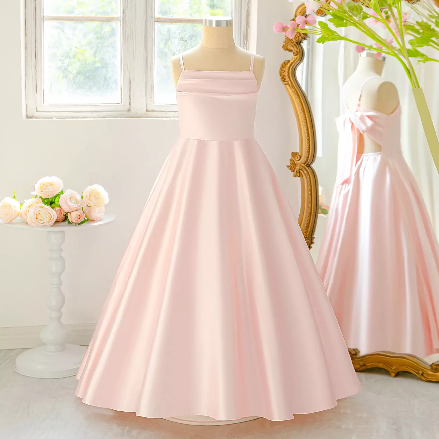Evelyn II Blush Pink Satin Tea Length Junior Bridesmaid Dress with Open Bow Back