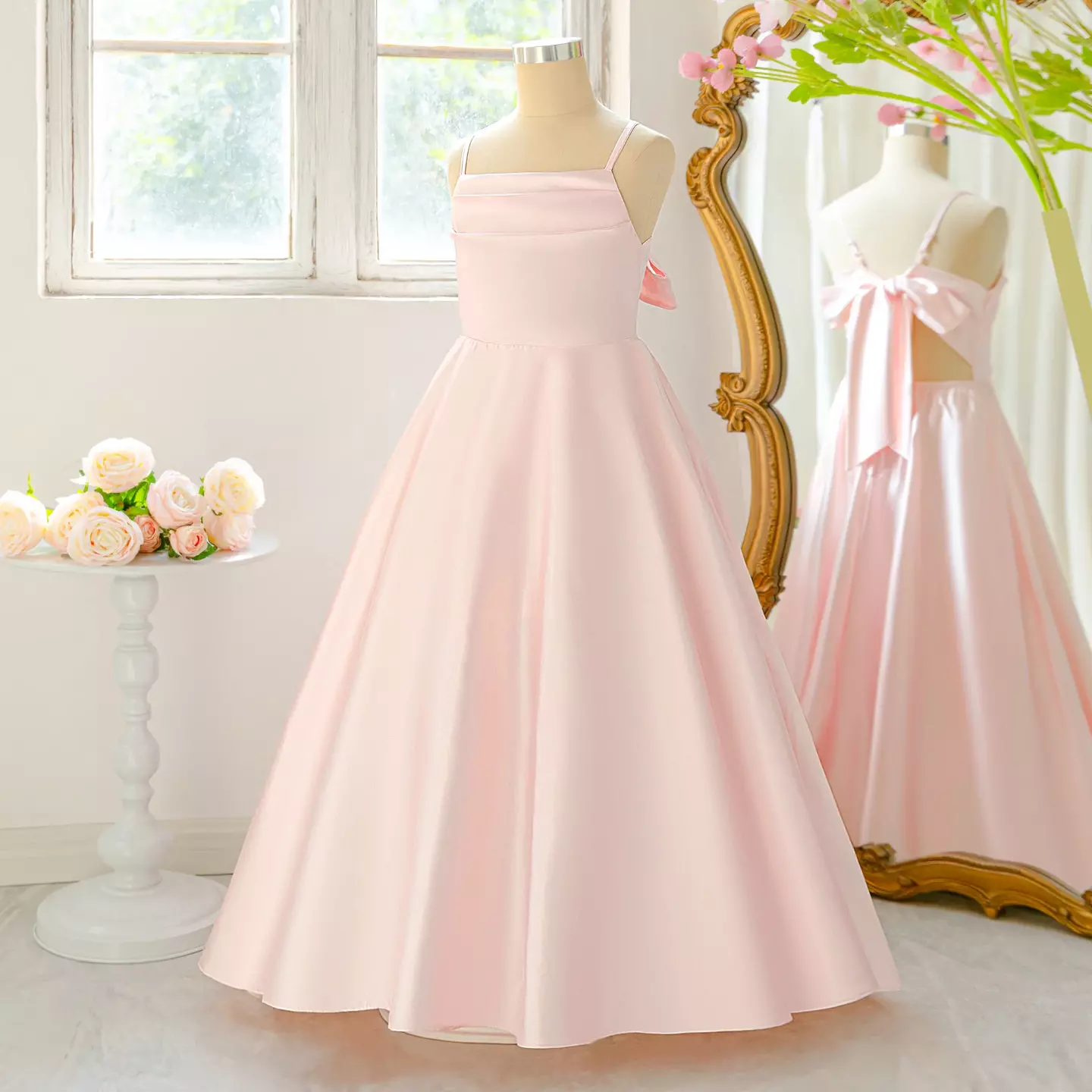 Evelyn II Blush Pink Satin Tea Length Junior Bridesmaid Dress with Open Bow Back