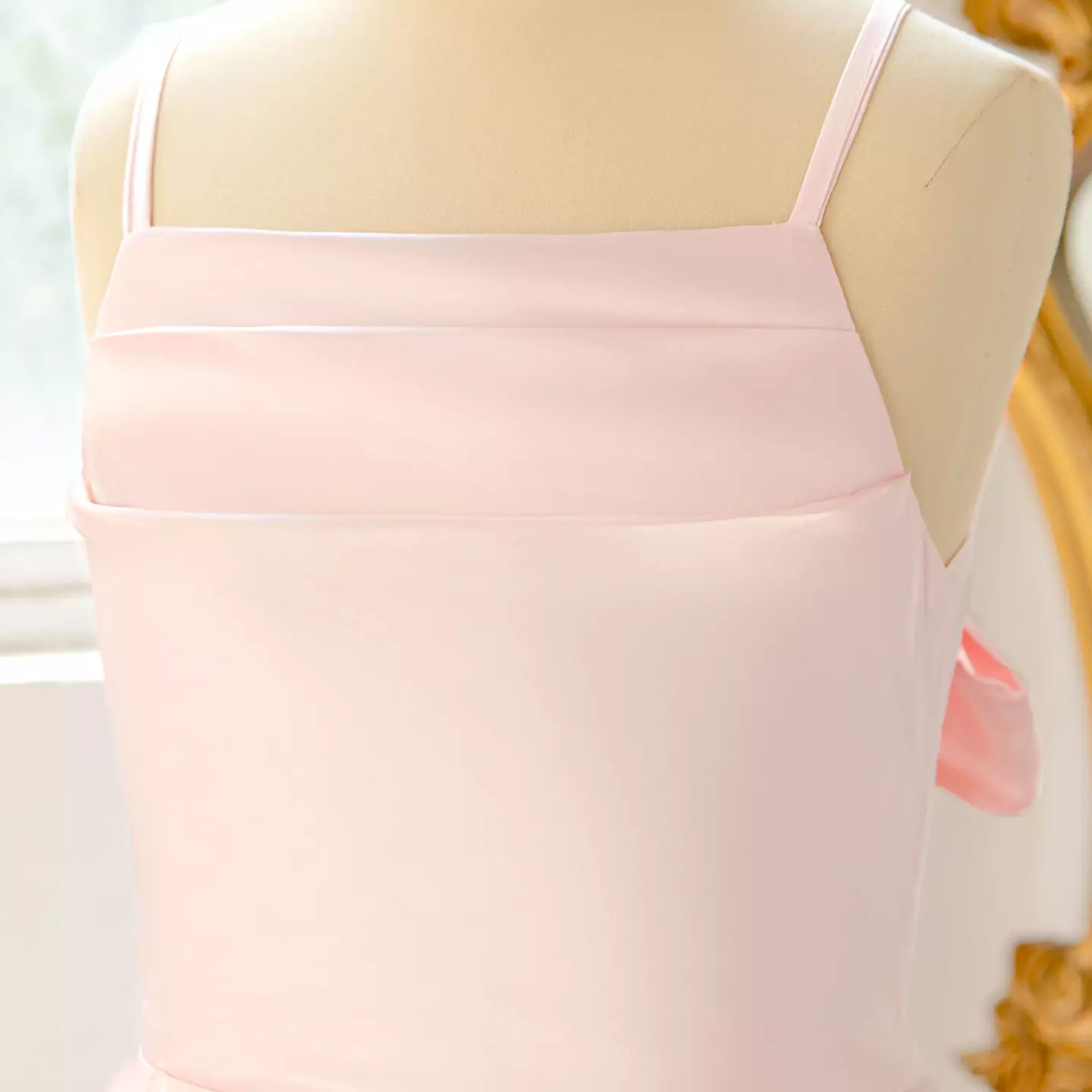 Evelyn II Blush Pink Satin Tea Length Junior Bridesmaid Dress with Open Bow Back