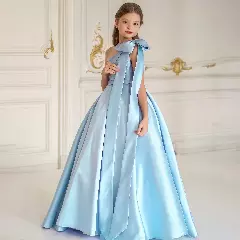 Leeseo Light Blue Satin Tea Length Junior Bridesmaid Dress with Shoulder Bow