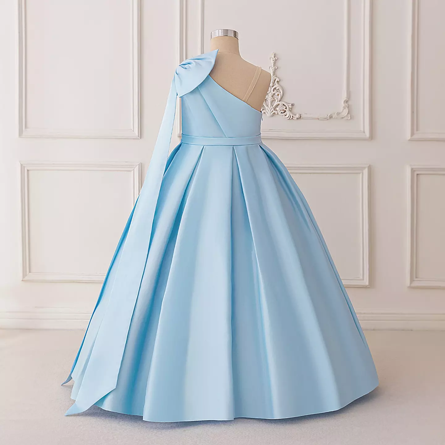 Leeseo Light Blue Satin Tea Length Junior Bridesmaid Dress with Shoulder Bow