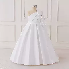 Leeseo White Satin Tea Length Flower Girl Dress with One Shoulder Bow