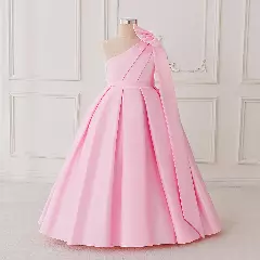 Leeseo Pink Satin Tea Length Junior Bridesmaid Dress with One Shoulder Bow