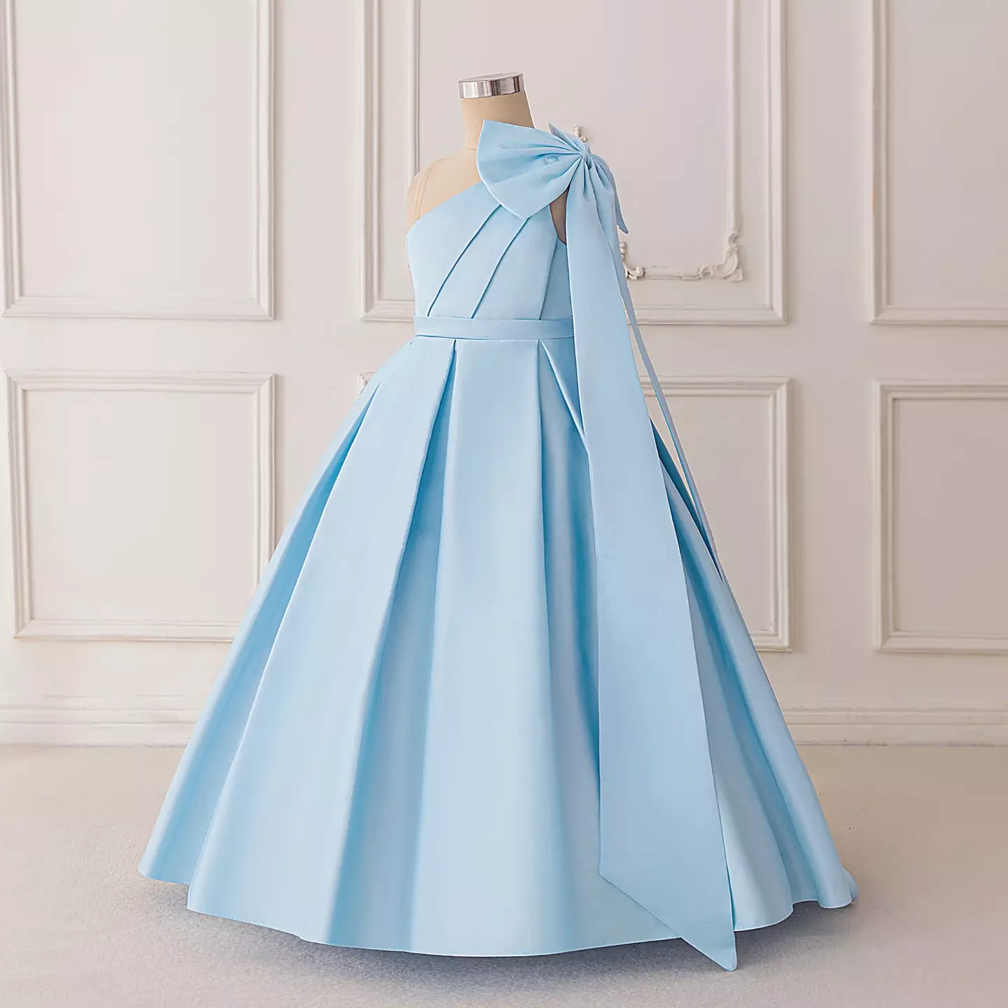 Leeseo Light Blue Satin Tea Length Junior Bridesmaid Dress with Shoulder Bow