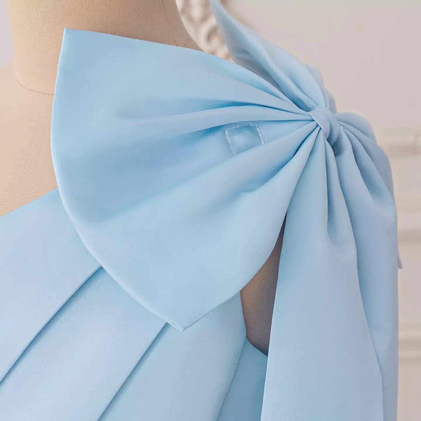 Leeseo Light Blue Satin Tea Length Junior Bridesmaid Dress with Shoulder Bow