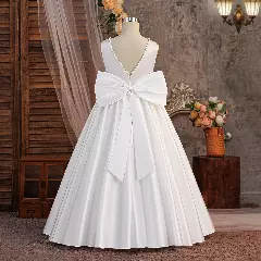Hana White Satin Tea Length Flower Girl and First Holy Communion Dress with Pearl Trim