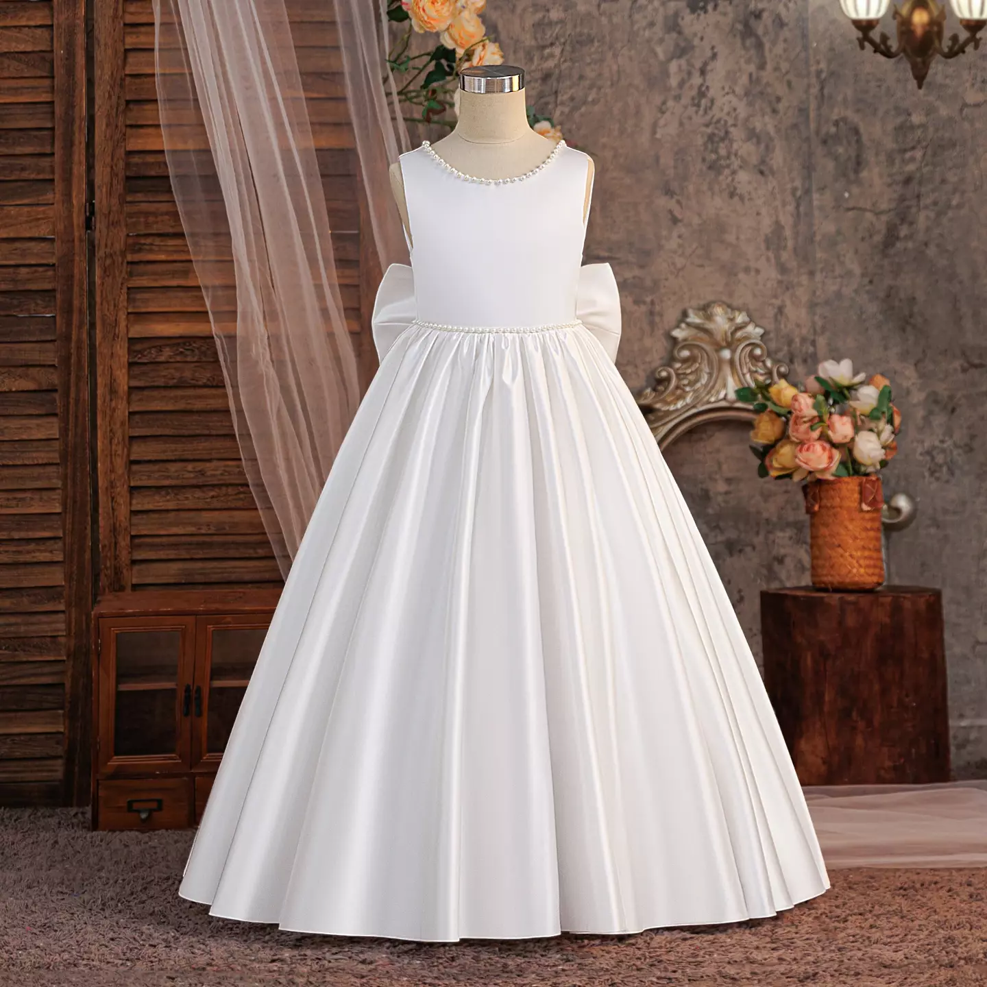 Hana White Satin Tea Length Flower Girl and First Holy Communion Dress with Pearl Trim