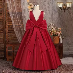 Hana Maroon Satin Tea Length Junior Bridesmaid Dress with Pearl Trim and Bow Back