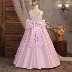 Hana Ballet Pink Satin Tea Length Junior Bridesmaid Dress with Pearl Neckline and Bow Back