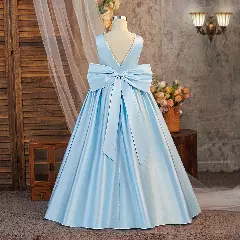 Hana Light Blue Satin Tea Length Junior Bridesmaid Dress with Deep Pearl V Back