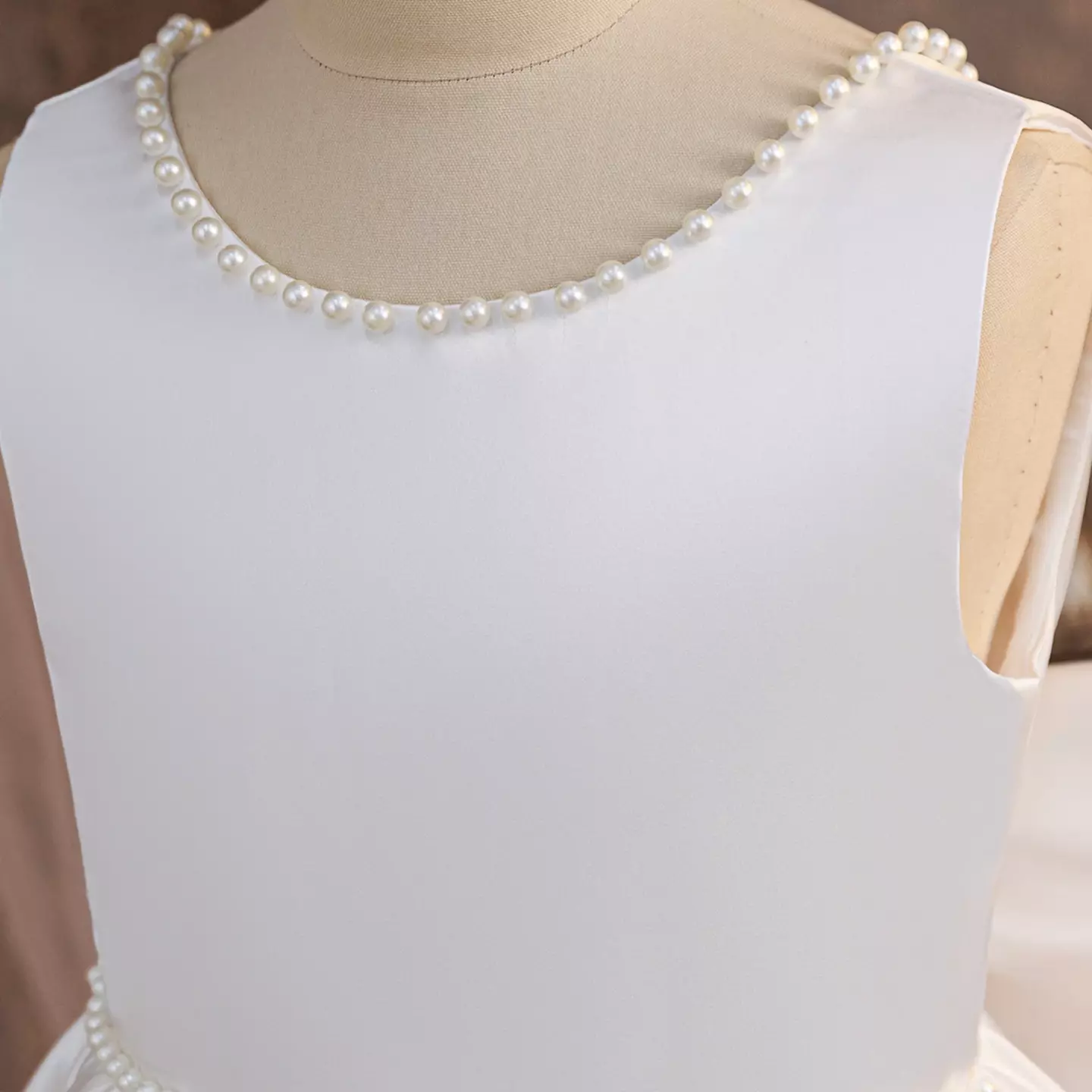 Hana White Satin Tea Length Flower Girl and First Holy Communion Dress with Pearl Trim