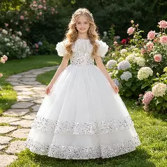 Keena White Tulle Tea Length First Holy Communion and Flower Girl Dress with Ruffle Collar