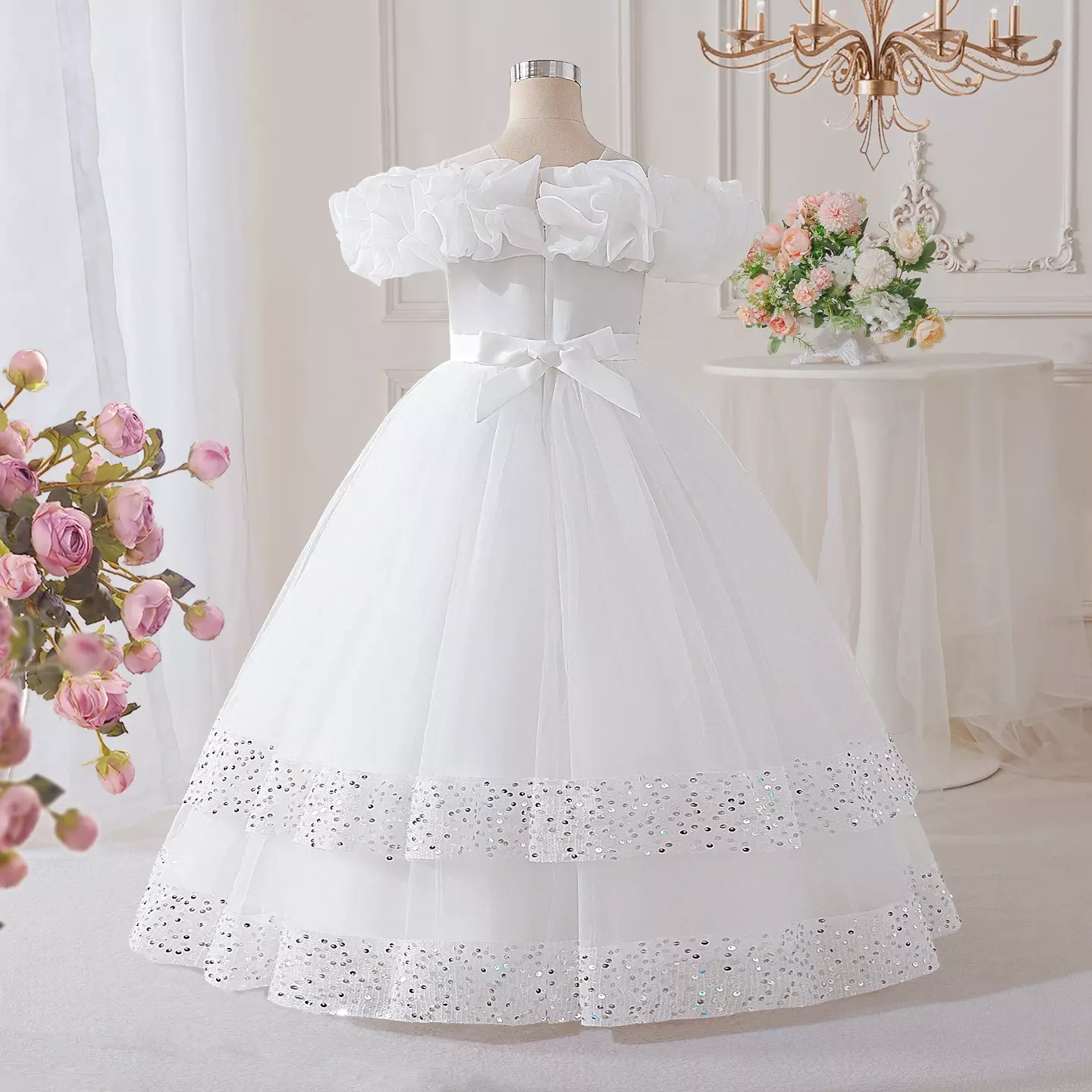 Keena White Tulle Tea Length First Holy Communion and Flower Girl Dress with Ruffle Collar