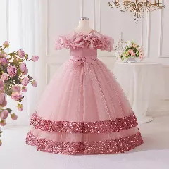 Keena Dusty Pink Tulle Tea Length Junior Bridesmaid Dress with Ruffle Collar and Bow Back