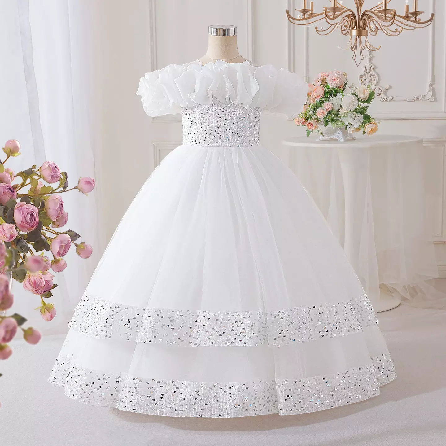 Keena White Tulle Tea Length First Holy Communion and Flower Girl Dress with Ruffle Collar