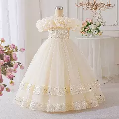 Keena Champagne Tulle Tea Length Junior Bridesmaid Dress with Ruffle Collar and Sequin Bodice