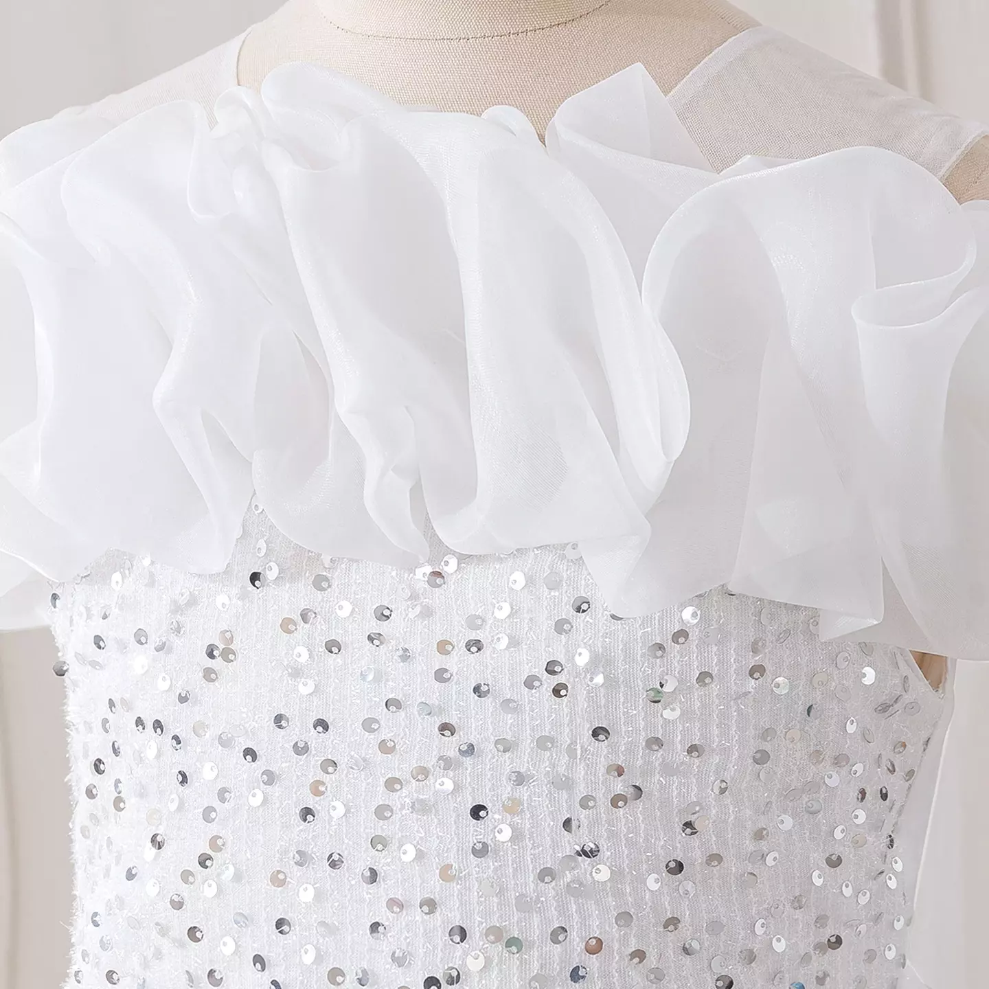 Keena White Tulle Tea Length First Holy Communion and Flower Girl Dress with Ruffle Collar