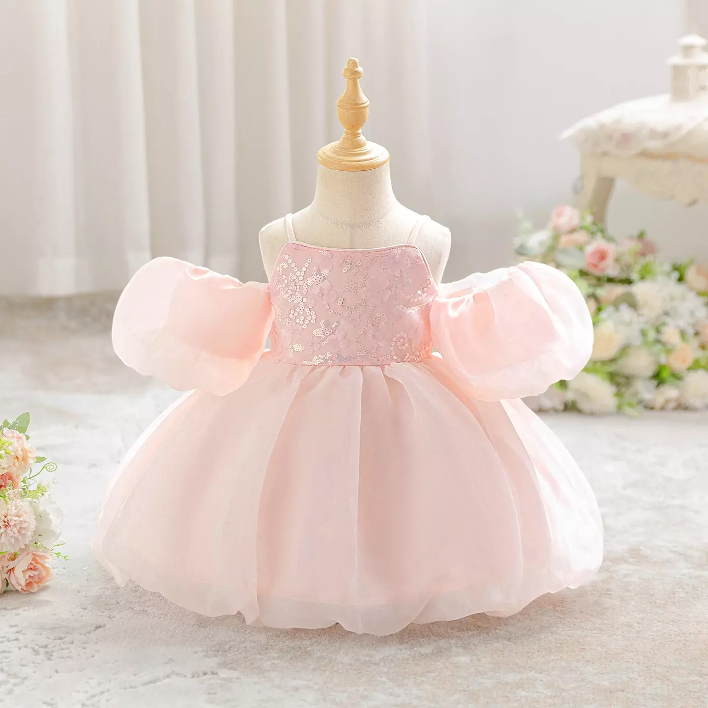 Yewon Peach Pink Puff Sleeve Bubble Hem Baby Girls Party Dress | Lucys