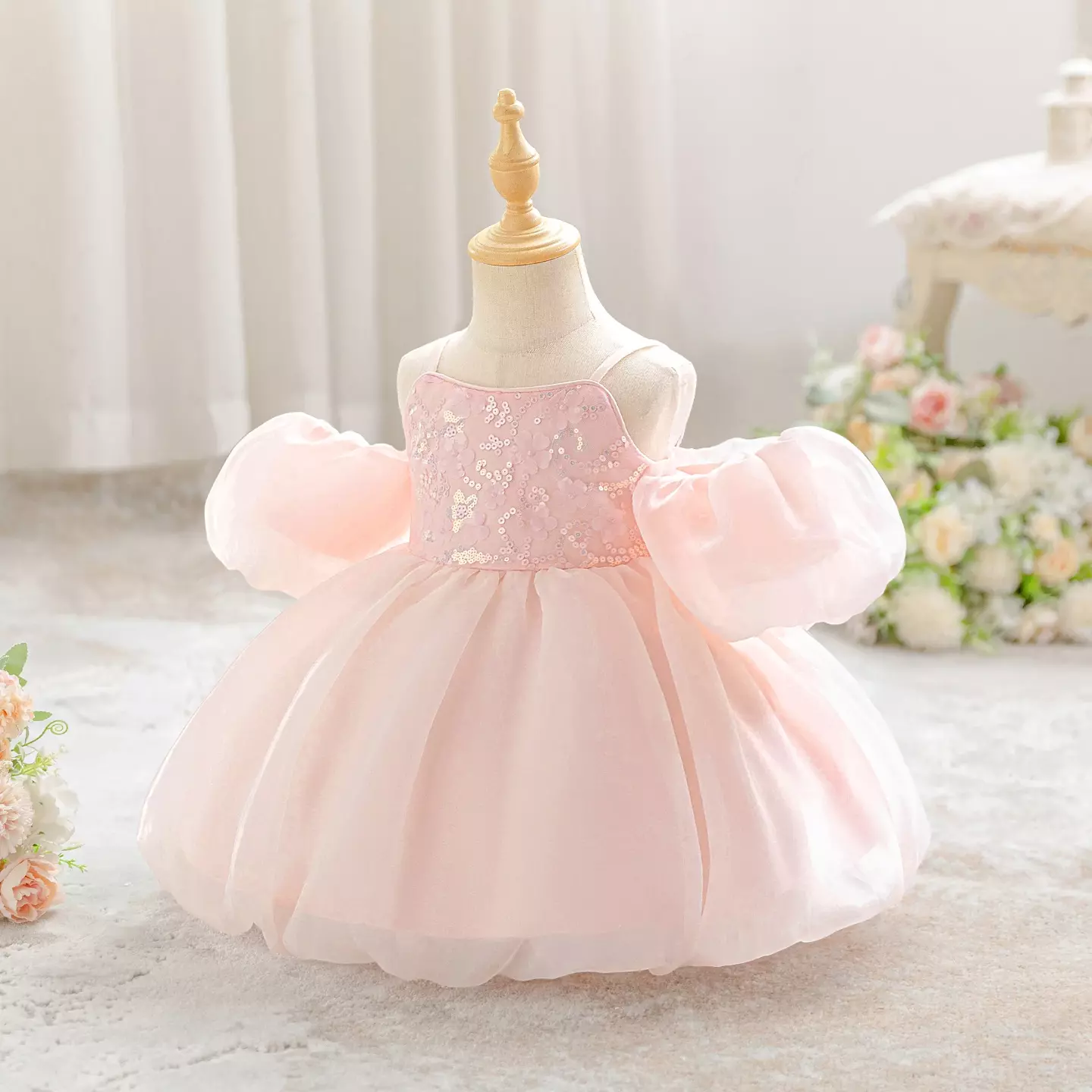Yewon Peach Pink Puff Sleeve Bubble Hem Baby Girls Party Dress | Lucys