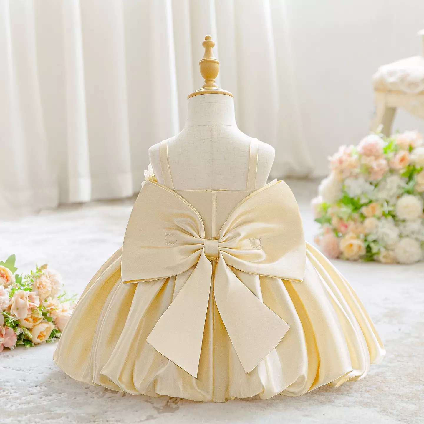 Chanelle Champagne 3D Petal Bodice Satin Baby Girls Party Dress | Lucys