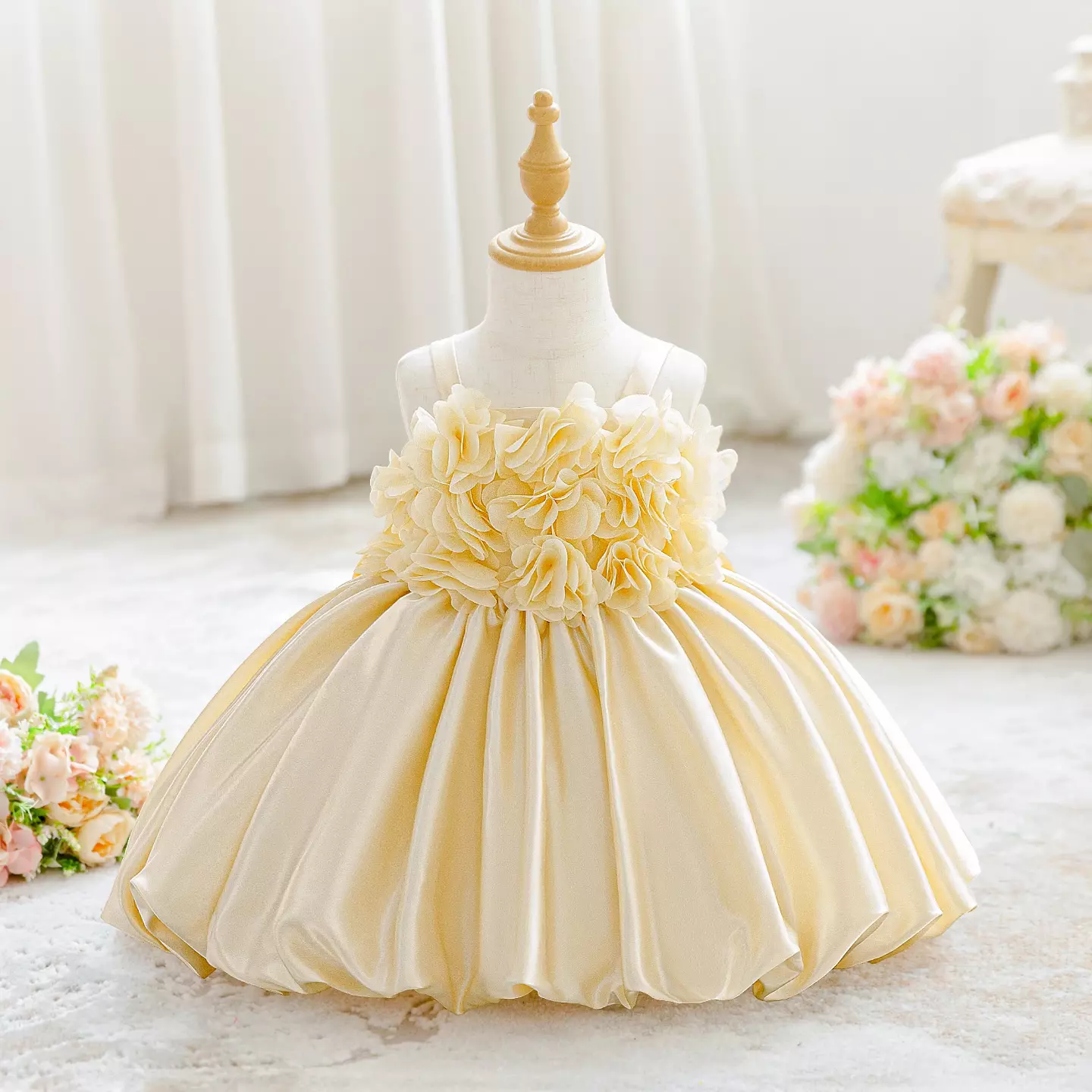 Chanelle Champagne 3D Petal Bodice Satin Baby Girls Party Dress | Lucys