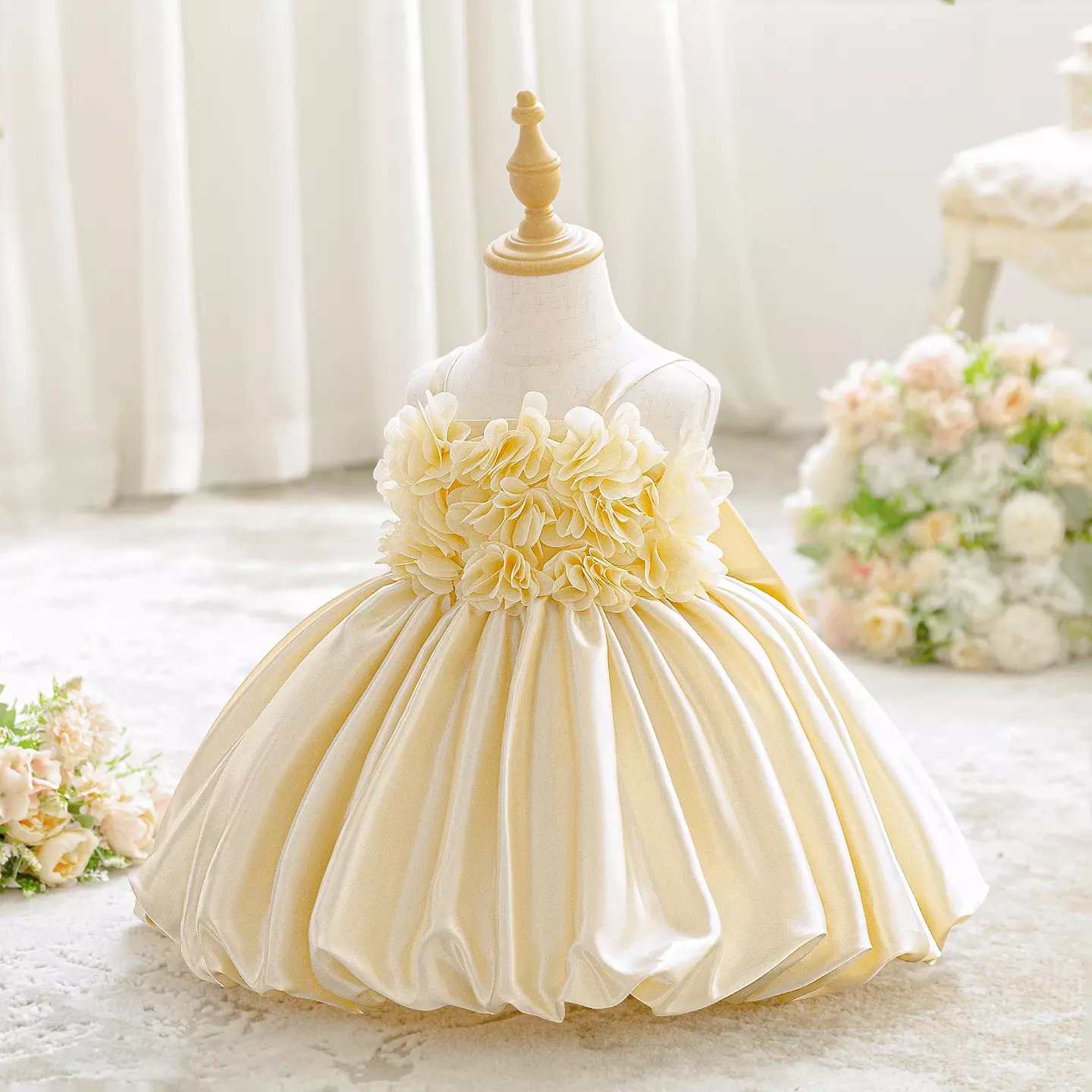 Chanelle Champagne 3D Petal Bodice Satin Baby Girls Party Dress | Lucys