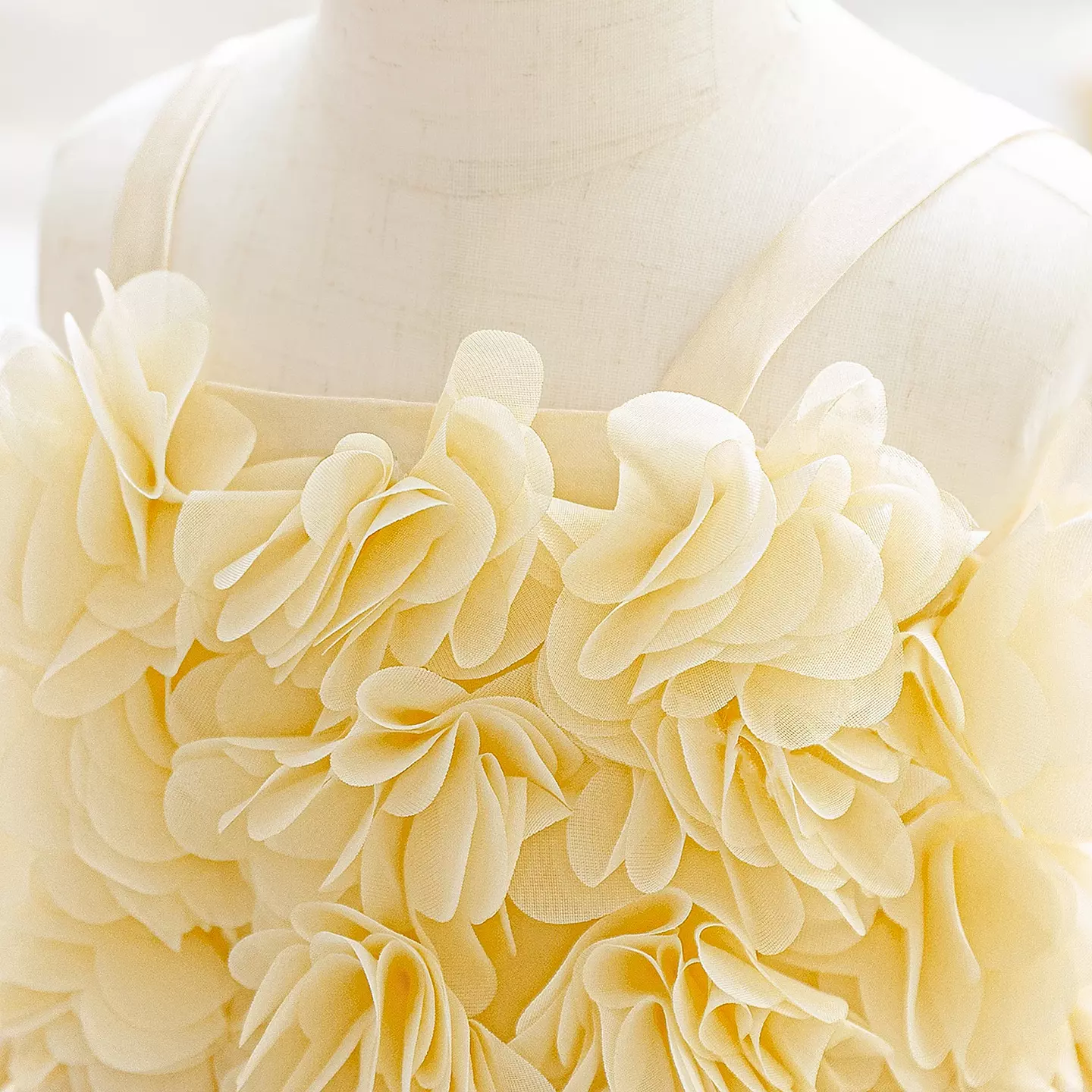 Chanelle Champagne 3D Petal Bodice Satin Baby Girls Party Dress | Lucys
