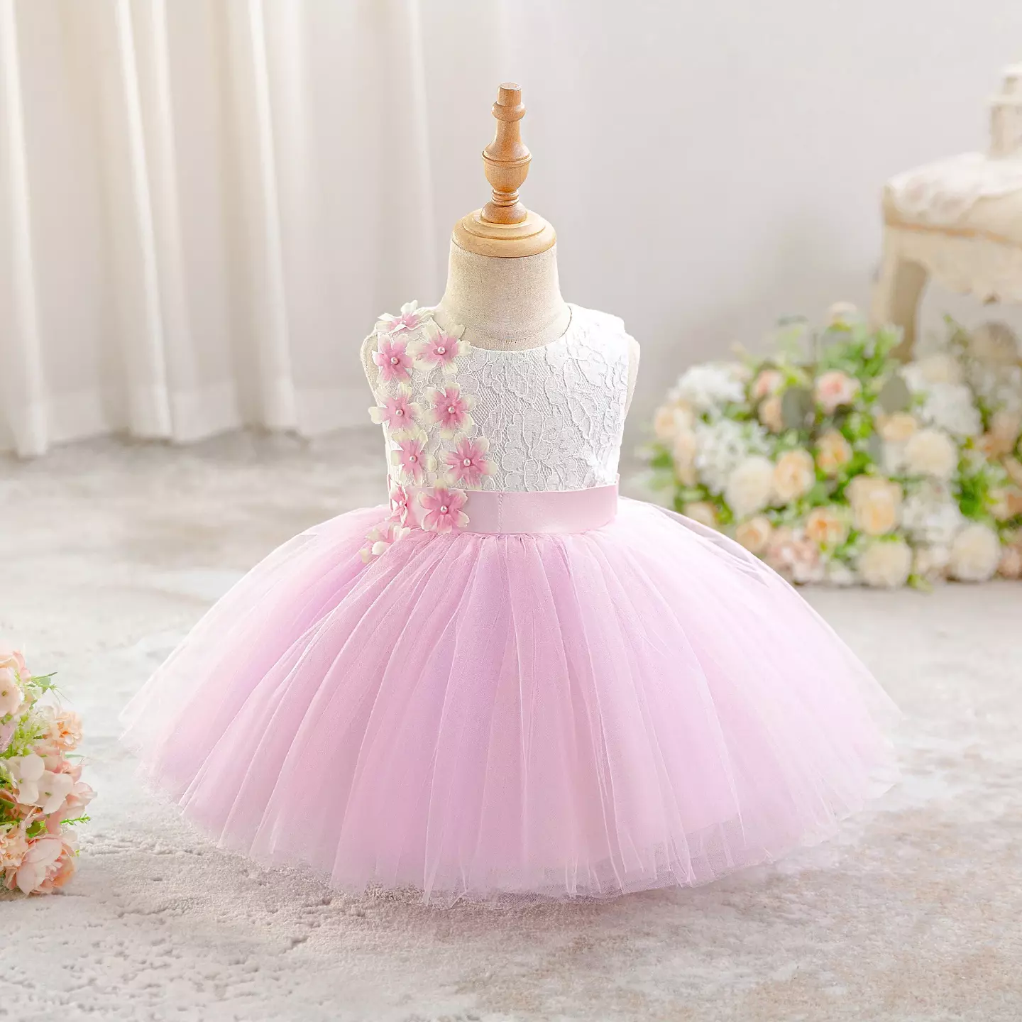 Nayeon White Lace Bodice Pink Tulle Baby Girls Party Dress | Lucys