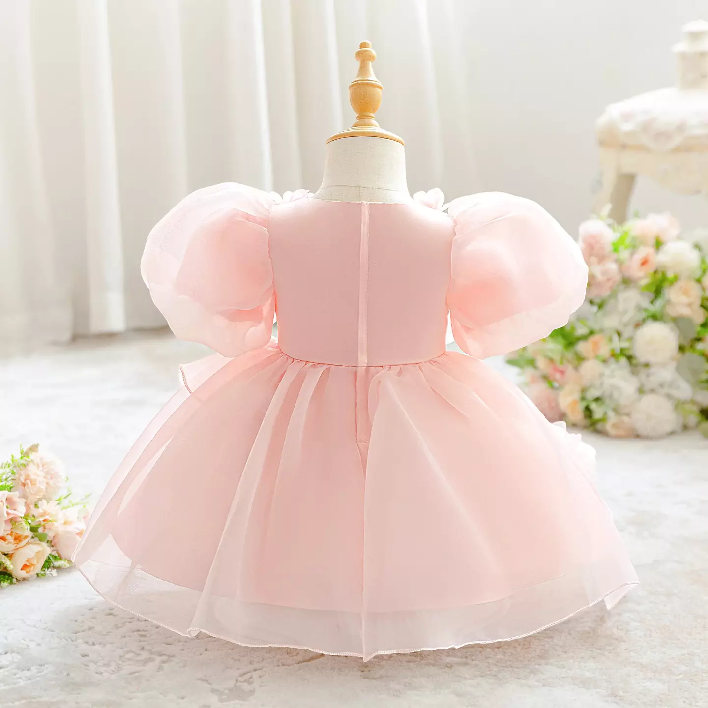 Sana Peach Pink Flower Collar Organza Baby Girls Party Dress | Lucys