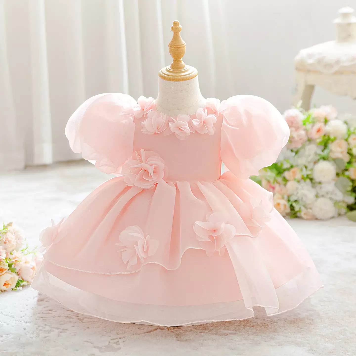 Sana Peach Pink Flower Collar Organza Baby Girls Party Dress | Lucys
