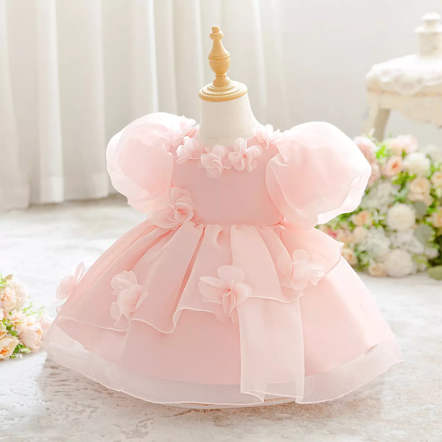 Sana Peach Pink Flower Collar Organza Baby Girls Party Dress | Lucys