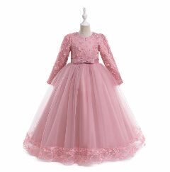 Sunny Dusty Pink Floral Lace Long Sleeve Girls Party Dress - Tea Length Junior Bridesmaid Dress