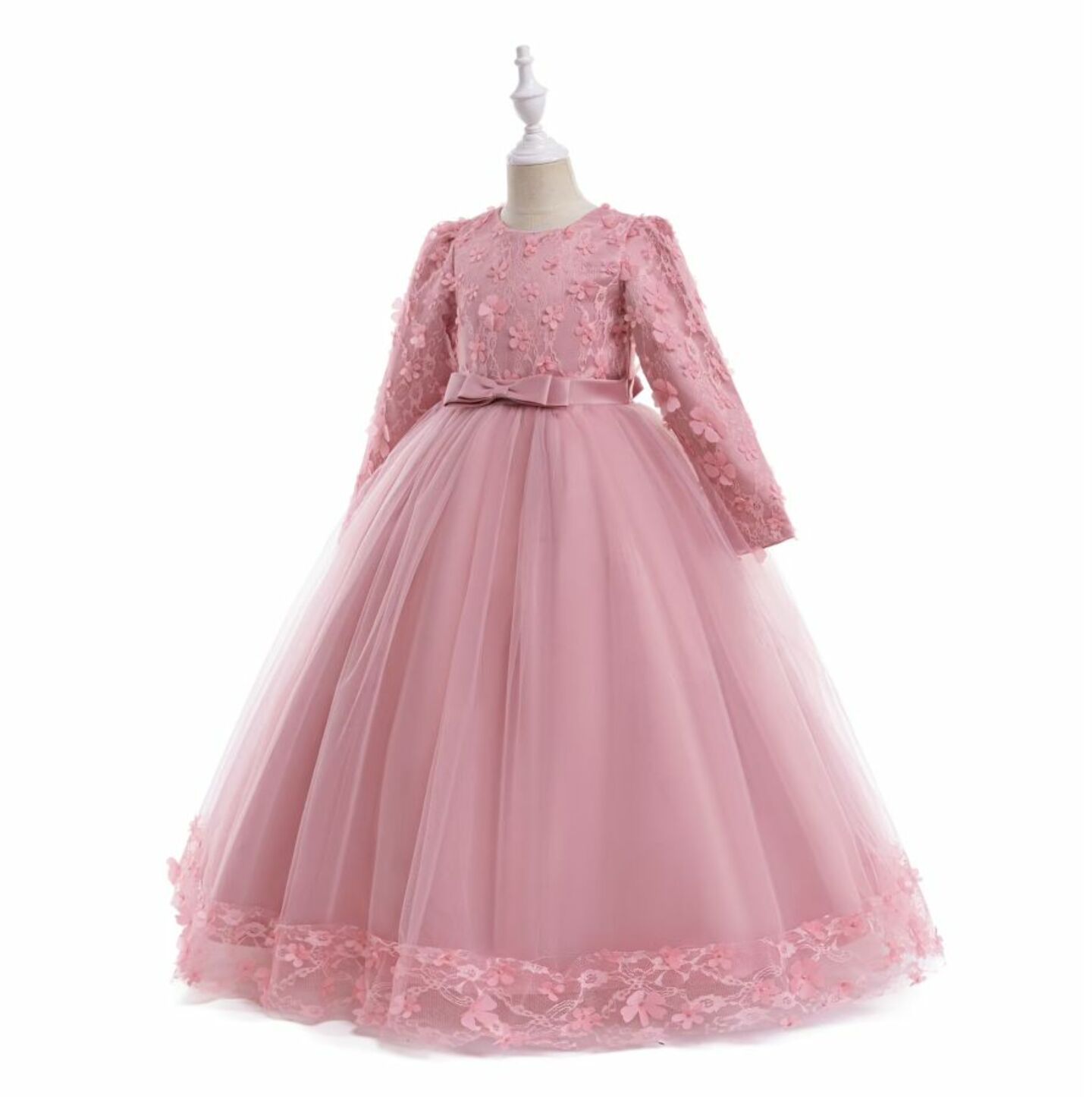 Sunny Dusty Pink Floral Lace Long Sleeve Girls Party Dress - Tea Length Junior Bridesmaid Dress