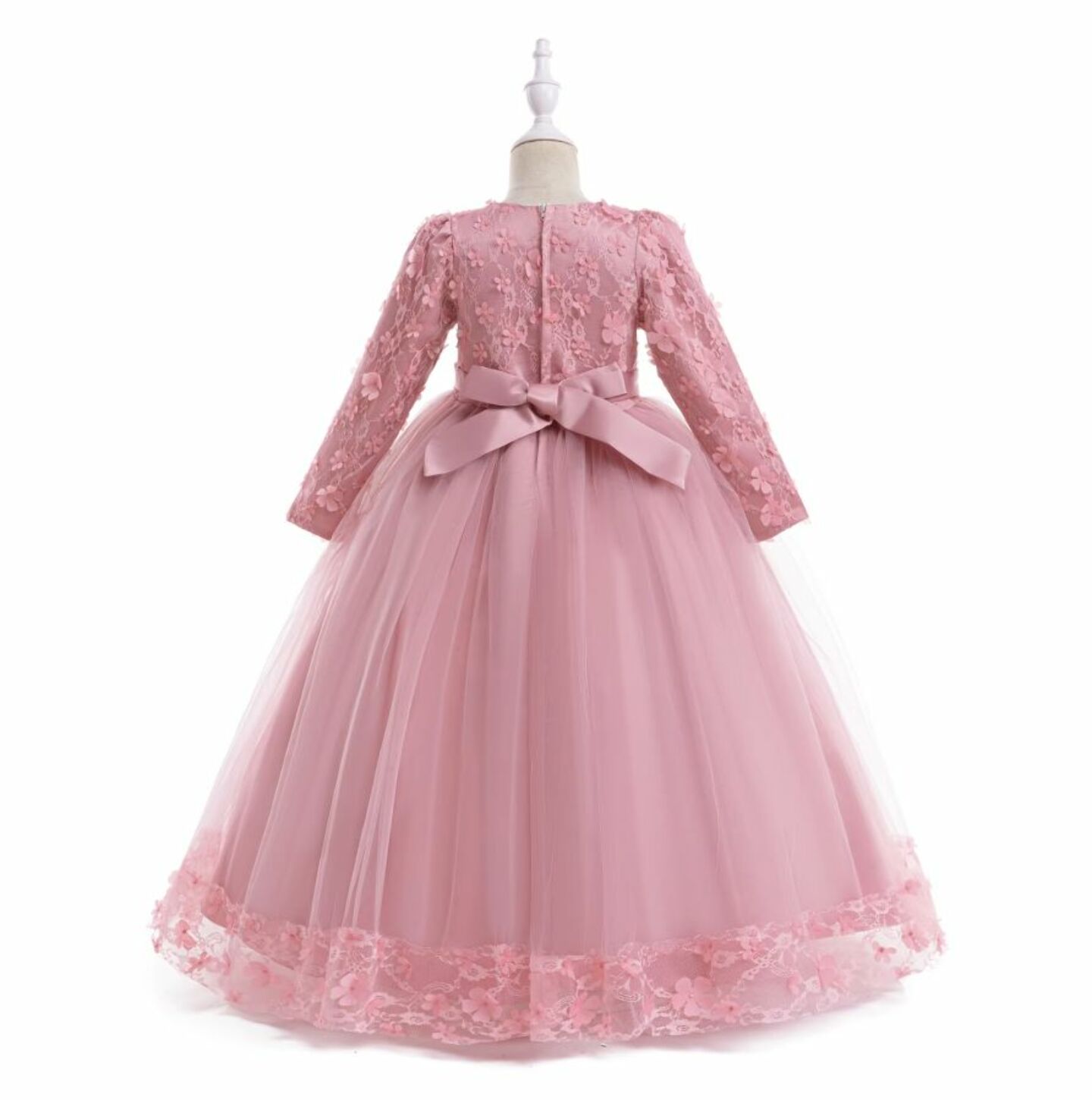 Sunny Dusty Pink Floral Lace Long Sleeve Girls Party Dress - Tea Length Junior Bridesmaid Dress
