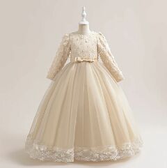 Sunny Beige Floral Lace Long Sleeve Girls Party Dress - Tea Length Junior Bridesmaid Dress