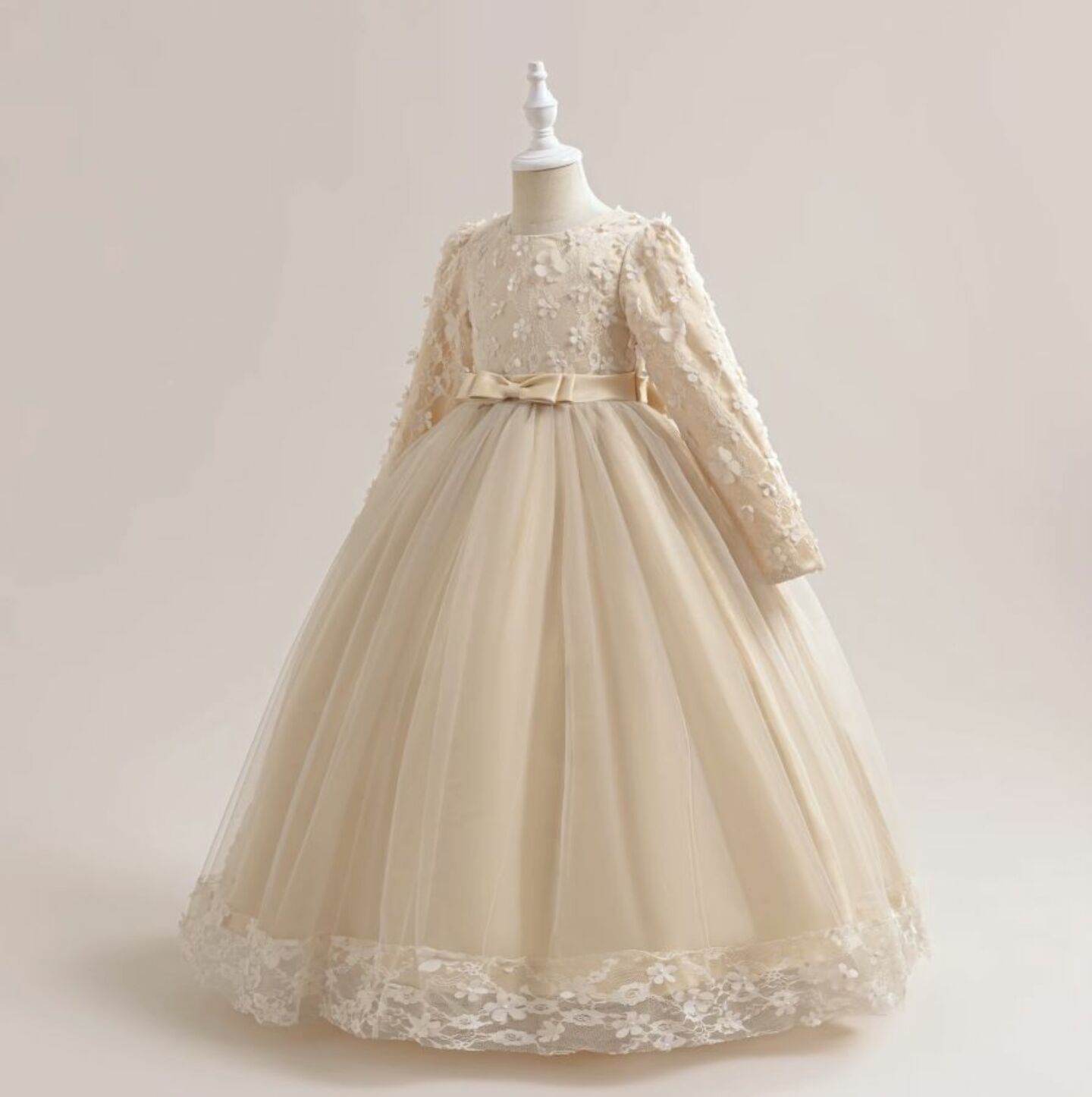Sunny Beige Floral Lace Long Sleeve Girls Party Dress - Tea Length Junior Bridesmaid Dress
