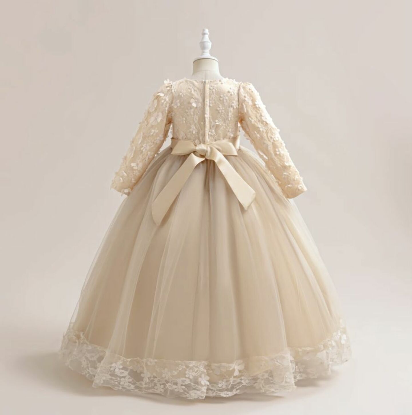 Sunny Beige Floral Lace Long Sleeve Girls Party Dress - Tea Length Junior Bridesmaid Dress