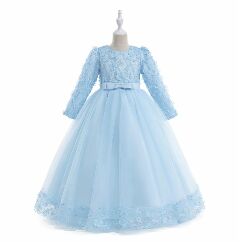 Sunny Light Blue Floral Lace Long Sleeve Girls Party Dress - Tea Length Junior Bridesmaid Dress