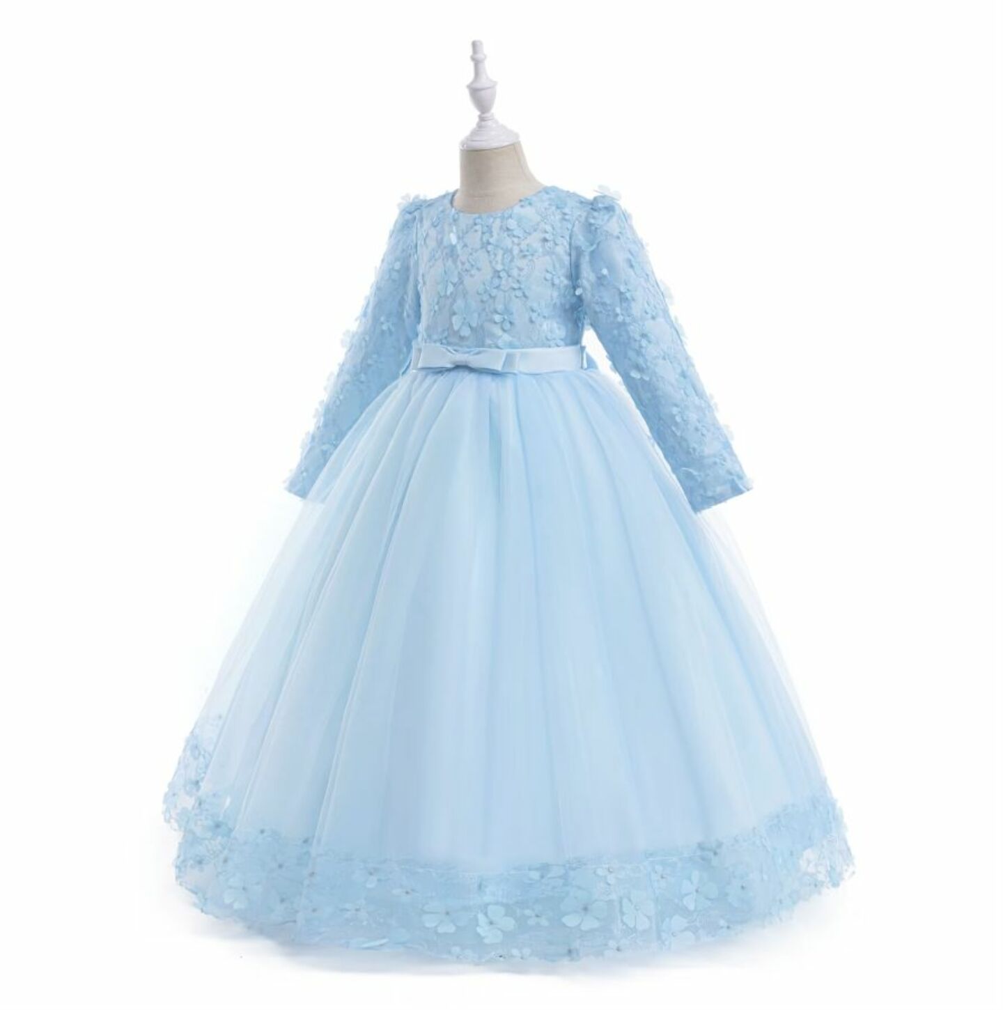 Sunny Light Blue Floral Lace Long Sleeve Girls Party Dress - Tea Length Junior Bridesmaid Dress