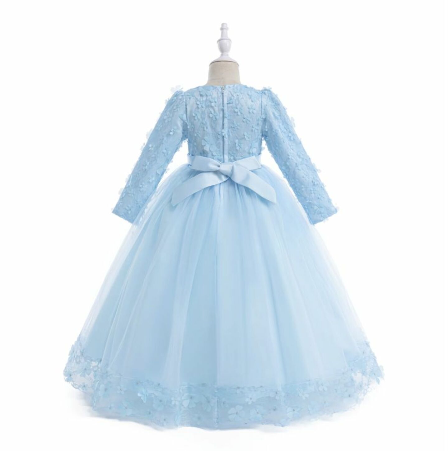 Sunny Light Blue Floral Lace Long Sleeve Girls Party Dress - Tea Length Junior Bridesmaid Dress