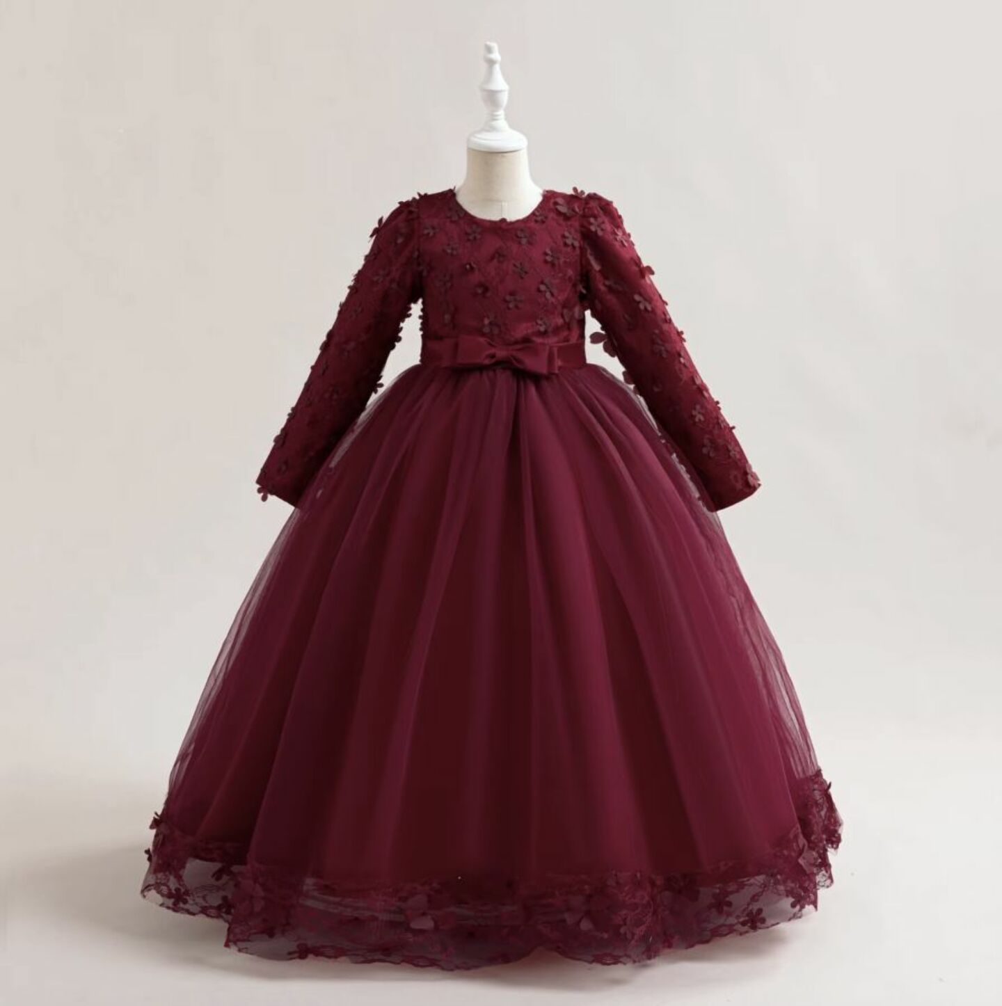 Sunny Maroon Floral Lace Long Sleeve Girls Party Dress - Tea Length Junior Bridesmaid Dress