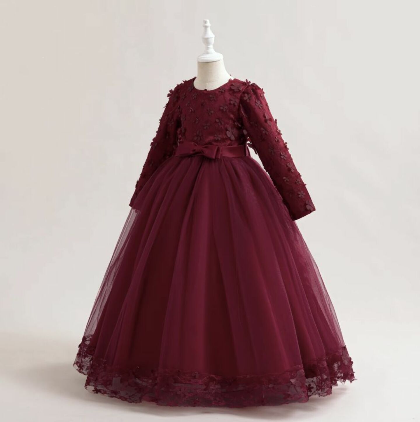 Sunny Maroon Floral Lace Long Sleeve Girls Party Dress - Tea Length Junior Bridesmaid Dress