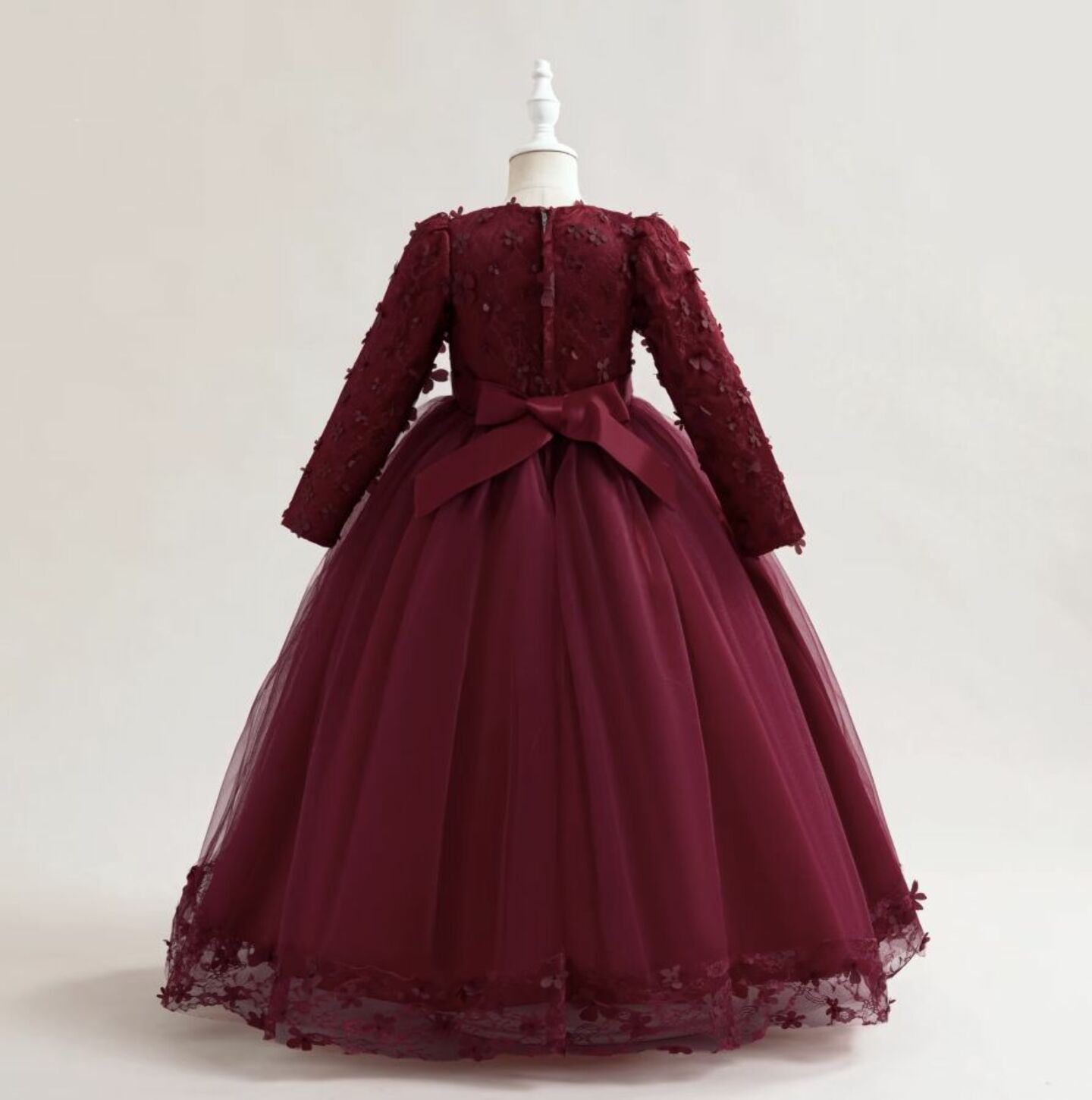 Sunny Maroon Floral Lace Long Sleeve Girls Party Dress - Tea Length Junior Bridesmaid Dress