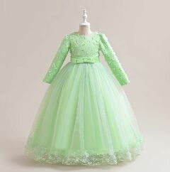 Sunny Green Floral Lace Long Sleeve Girls Party Dress - Tea Length Junior Bridesmaid Dress