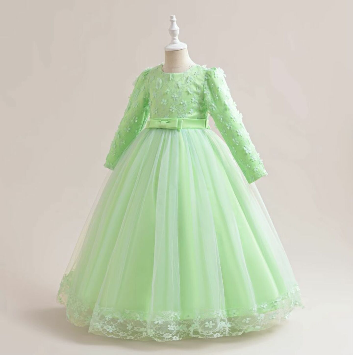 Sunny Green Floral Lace Long Sleeve Girls Party Dress - Tea Length Junior Bridesmaid Dress