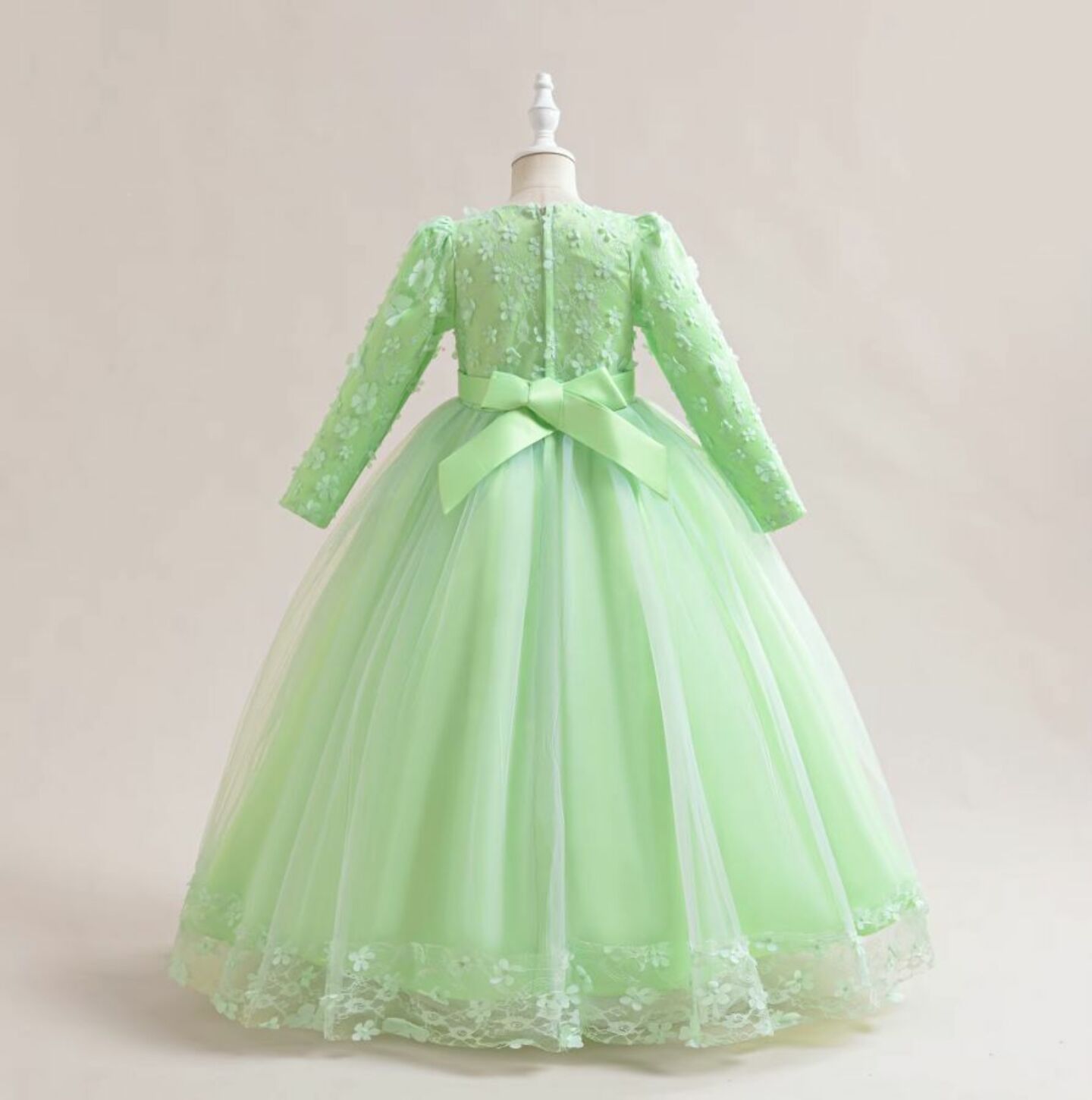 Sunny Green Floral Lace Long Sleeve Girls Party Dress - Tea Length Junior Bridesmaid Dress
