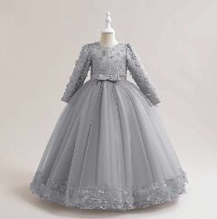 Sunny Grey Floral Lace Long Sleeve Girls Party Dress - Tea Length Junior Bridesmaid Dress