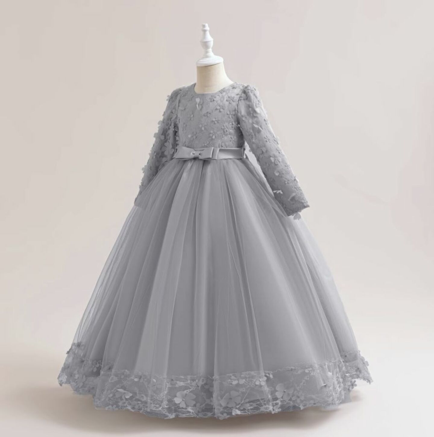 Sunny Grey Floral Lace Long Sleeve Girls Party Dress - Tea Length Junior Bridesmaid Dress