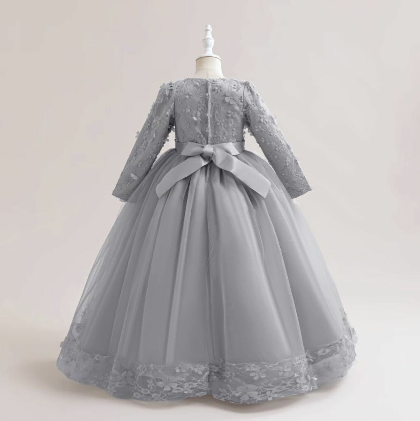 Sunny Grey Floral Lace Long Sleeve Girls Party Dress - Tea Length Junior Bridesmaid Dress